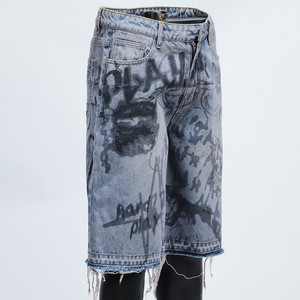 Spray Paint Design Vintage Washed Blue Streetwear Baggy Jean Jorts Graffiti Print Denim <strong>Shorts</strong> with Frayed Hem - Product Image 4