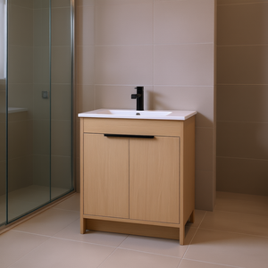 Mueble de Baño Independiente de 30 Pulgadas con Acabado en Roble Claro, Lavabo de Cerámica Blanco y Puertas con Cierre Suave - Product Image 2