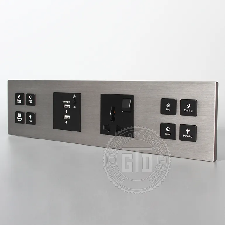 Bel colore grigio smart hotel icone personalizzate contenuto di parole pulsanti CNC 4 pannelli interruttori luce a contatto a secco 12V DC collegati