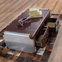 Table basse de style industriel pour bar à cigares et café, personnalisée pour la réception d'hôtel, avec double tiroir, rétro, en aluminium et cuir avec rivets