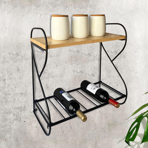 Nuovo creativo porta bottiglia di vino in legno portabottiglie a due livelli <span class=keywords><strong>da</strong></span> <span class=keywords><strong>parete</strong></span> galleggiante porta vino con calice Hanger - Product Image 5