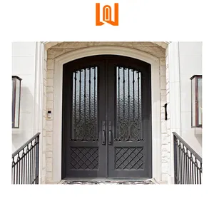 WANJIA House Latest Design Glass Iron Door Exterior Double Front Door Entry Iron Door