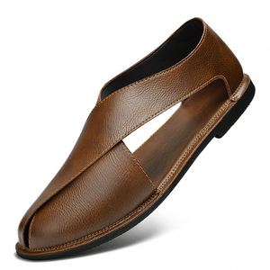 New Summer Outdoor <b>Flat</b> Genuine Leather Men's Casual <b>Sandals</b> Large Size Fashion Leather Beach <b>Sandals</b> for Men - Product Image 1