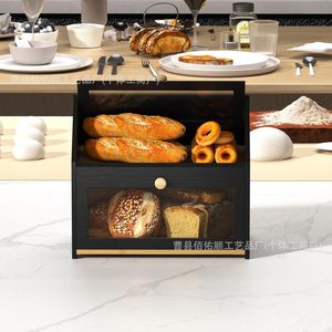 Boîte à pain en bois Baiyoushun à double couche avec porte en verre, rangement de cuisine, utilisation sur le bureau - Product Image 4