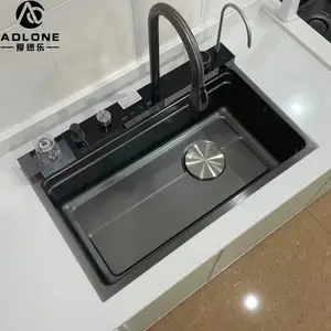 Lavelli da cucina in acciaio inossidabile 304 moderno nuovo design vasca singola topmount lavello da cucina multifunzione nano nero con cascata