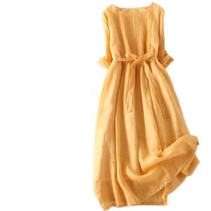 Vestido Midi Amarillo de Manga Corta con Cinturón, Estilo Casual Holgado, Cuello Redondo, Dobladillo Asimétrico, Cintura Natural, Lino y Algodón, Corte en A - Product Image 1