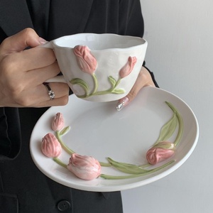 Classic Ins Style <b>Hand</b>-Painted Tulip Cup High-Value High-Relief Ceramic Western Food Tableware for Business Gifts - Product Image 2