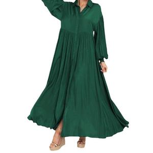 Neues Damen-Freizeitkleid in Überlänge, Einfarbig mit Knopfleiste und Revers, Plissiert, Langarm, Chiffon, für Büro und Alltag, Cross-Border Sommermode - Product Image 1