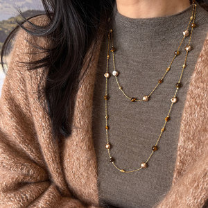 Tiger Eye Stone Stacking <b>Necklace</b> For Women <b>Long</b> Sweater Chain Multi Layer Pearl Shell Design Daily Wear Fashion Jewelry - Product Image 3