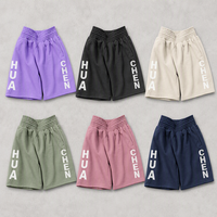 Shorts en molleton épais personnalisés, lavande, taille smockée, coupe oversize et carrée, imprimé lettres verticales, fabricant OEM sous marque privée