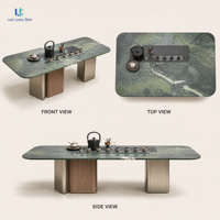Table à manger rectangulaire en marbre vert avocat Luca |   Plateau en pierre affinée avec base en métal, sur mesure pour hôtel, villa, salle à manger, tailles personnalisées, OEM