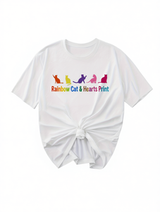 T-shirt da donna con stampa Rainbow Cat Hearts, 100% cotone, manica corta, girocollo, top casual, traspirante, lavabile in lavatrice - Product Image 1