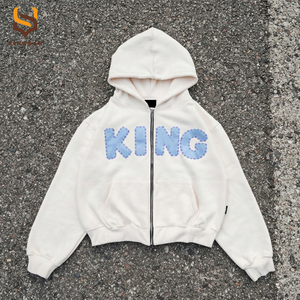 Custom Patchwork Embroidery <b>Oversized</b> Zip Up Hoodies Heavyweight Cotton <b>Fleece</b> Patch Applique Stitching <b>Mens</b> Zip Up <b>Hoodie</b> - Product Image 1