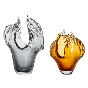 Low wide mouth petal shaped gray gold flower glass bud vases in bulk home decor fashion