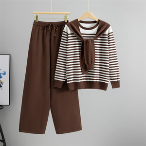 Ensemble professionnel tricoté automne-hiver pour femme – Pull rayé élégant et pantalon large – Deux pièces transfrontalières - Product Image 2