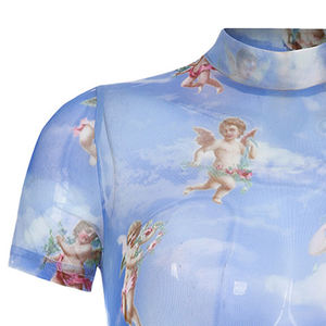 Haut court en maille sublimé maille imprimée numérique chemise de fitness sexy style chaud haut à col rond maille sublimée t-shirt transparent - Product Image 6