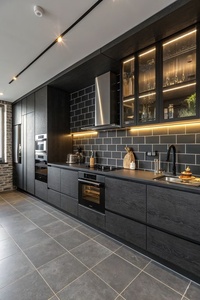 JINGSHUN European Eco-Friendly Modern <strong>Black</strong> Wooden Kitchen Cabinets Artificial Marble Countertops Island Complete Set RTA - Product Image 2