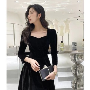 Black Velvet Evening Gown Square Collar A-Line Long Dress For Banquet Art Exam Toasting Parties - Product Image 5