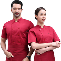Uniforme de chef unisexe de haute qualité en twill polyester/coton, logo personnalisé, impression par transfert thermique, veste de cuisinier à manches courtes, restaurant