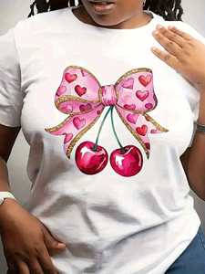 T-Shirt da Donna Socoz con Collo Tondo, Manica Corta, Stampa Cuore e Ciliegia, Stile Casual Sportivo per San Valentino, 100% Cotone Jersey, Primavera - Product Image 3