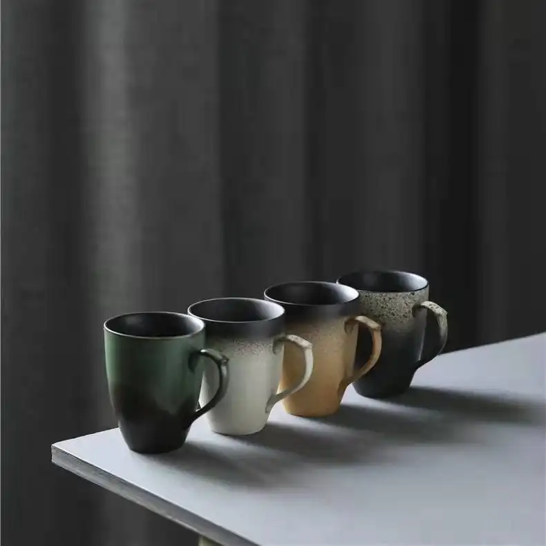 Cangkir Kopi Keramik Kustom Gaya Jepang, Mug Minum Buram Retro 300Ml Cangkir Teh dengan Pegangan dan Sendok