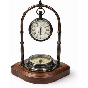 Leathervines Vintage Brass Desk <b>Clock</b> With Compass Solid Wood Base Traditional Tabletop Decor <b>Battery</b> Operated - Product Image 1