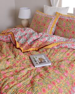 Mustard Yellow <b>Pink</b> Floral Cotton Quilt Hand Block Printed Reversible Indian Kantha <b>Blanket</b> King Size - Product Image 6