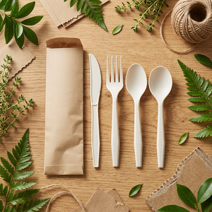 Cubertería CPLA con Certificación <span class=keywords><strong>Global</strong></span> Recycled Standard, Resistente al Calor, de Bioplástico, Tenedor, Cuchara y Cuchillo con Papel Kraft para Aerolíneas - Product Image 1