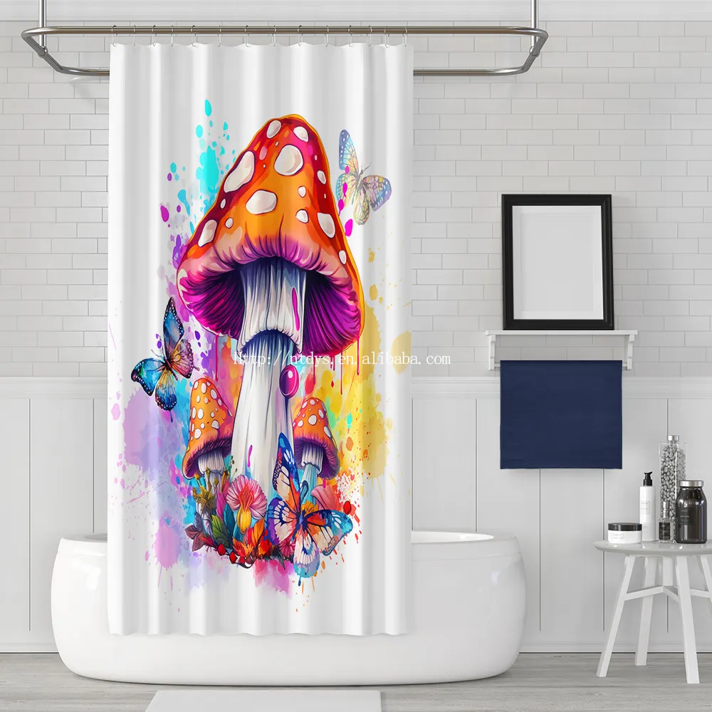 Cortina de ducha impresa en 3D de setas Cortina de ducha de plástico personalizada moderna