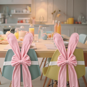 4 housses de dossier de chaise en peluche extensibles amovibles avec oreilles de lapin roses mignonnes et nœud, pour la table à manger à la maison - Product Image 3