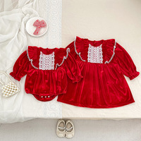 Robe-bodysuit pour bébé fille en dentelle rouge à volants, manches longues, tenue de Noël pour frères et sœurs, tenue pour nouveau-né