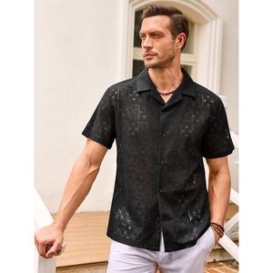 Camisa de algodón informal para hombre 2025 con botones de encaje y cuello cubano de manga corta y diseño calado Tops de verano - Product Image 2