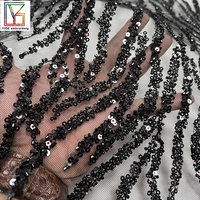 Tissu de dentelle de luxe brodé de perles et de sequins, tulle noir, tissu de dentelle à sequins pour robes de mariée