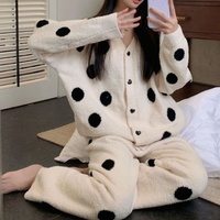 Ensemble de pyjama mi-long en flanelle pour femme, motif pois, manches longues, tricoté, ample, automne-hiver, vêtements de détente et de nuit, vente en gros
