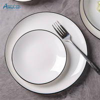 Vaisselle en porcelaine crème en gros, service de table en céramique blanche, compatible lave-vaisselle, vaisselle personnalisée pour la maison avec bordure noire
