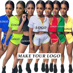 Survêtements personnalisés avec logo, ensemble deux pièces, couleur unie, fermeture éclair, manches courtes, capuche, ensemble de jogging pour femmes, survêtement d'été - Product Image 1