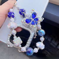Breloque de téléphone papillon bleu en strass et perles, pendentif de sac artisanal lourd, cordon de poignet, cadeau bijoux pour femme