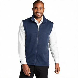 Chaleco de Lona Azul Marino para Hombre con Cierre y Cuello Alto, Ropa Exterior Casual de Otoño, 100% Poliéster, Transpirable, Ecológico, Resistente al Viento, Color Sólido - Product Image 1