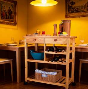 Chariot de cuisine en bois à <span class=keywords><strong>roulettes</strong></span> <span class=keywords><strong>avec</strong></span> étagères de rangement et porte-bouteille - Product Image 5