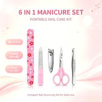 Ensemble de manucure floral rose 6 pièces, kit de soin des ongles portable, lime à ongles, coupe-ongles, pousse-cuticules, ciseaux, pincettes, brosse, pour la maison et les voyages