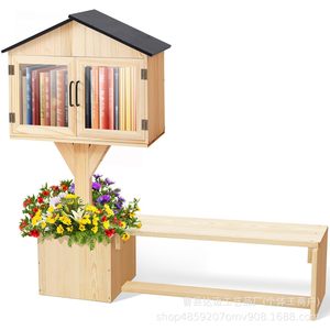Ensemble bibliothèque miniature en bois pour extérieur avec banc et jardinière, rangement partagé pour livres, couleur bois naturel, durable - Product Image 1