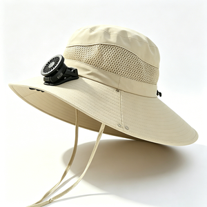 UPF50+ Wide Brim Canvas Sun Hat 2 Rechargeable Cooling <b>Fans</b> Mesh Breathable Windproof Chin Strap UV Protection Unisex Hat - Product Image 3