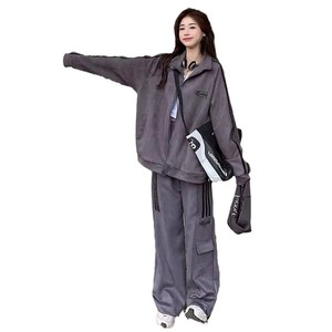 Women <b>Tracksuit</b> Set Apricot Gray <b>Polyester</b> Breathable Casual Sportswear Two Piece Loose Fit Spring Autumn Korean Style - Product Image 5
