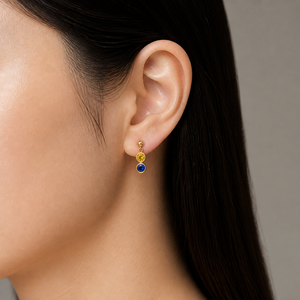 Boucles d'oreilles pendantes en zircon bleu et jaune, en acier inoxydable plaqué or 14 carats sous vide, bijoux minimalistes à deux pierres - Product Image 4
