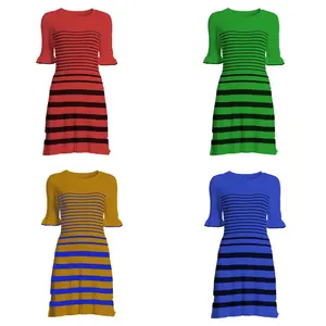 कस्टम OEM ODM नई बुना हुआ महिलाओं की तीन चौथाई प्लीटिंग आस्तीन स्वेटर ड्रेस एक शैली प्यारी ग्रीष्मकालीन धारी पोशाक