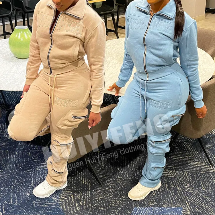 Custom designers tracksuit for women cargo flared sweatpants and hoodie sets women sweatsuit tracksuit two piece set