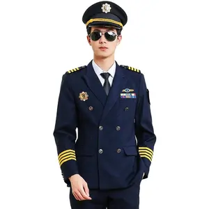 Seragam Pilot Penerbangan Double Breasted Biru Navy untuk Pria