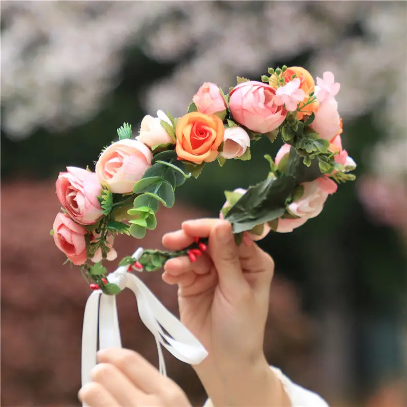 GW001-008 Fall Camellia Artificial Flowers Crown Rose Headpiece Wedding Bridal Flower Girl Halo Maternity Photo Props