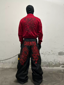 Jeans Vintage Y2K Hip Hop in <span class=keywords><strong>Denim</strong></span> Grezzo Ricamato con Dragone, Reversibile, Stile Industriale Estremo, Colore Originale, per l'Inverno, Ispirazione Asia Orientale - Product Image 3