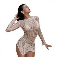 Robe Courte Décontractée en Maille pour Femme, Sexy, Transparente, Manches Longues, Col Rond, Coupe Ajustée, Robe de Plage, Mode Printemps, Vacances